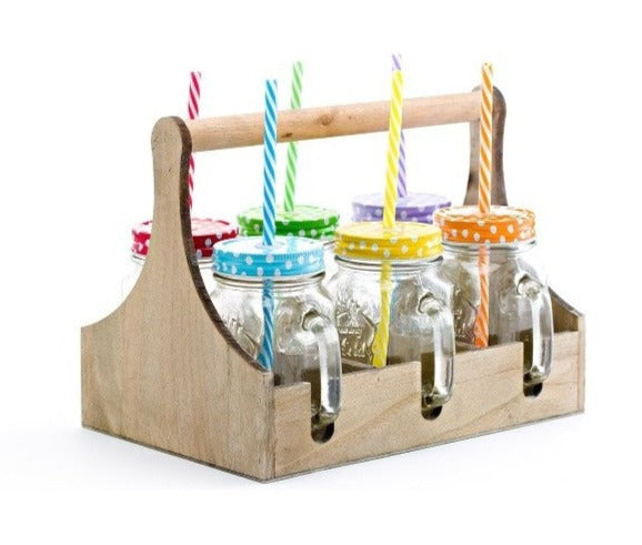 Set mit 6 Gläsern aus Glas + Holzhalter