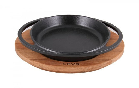 Cast iron pan with handle + wooden board 16cm