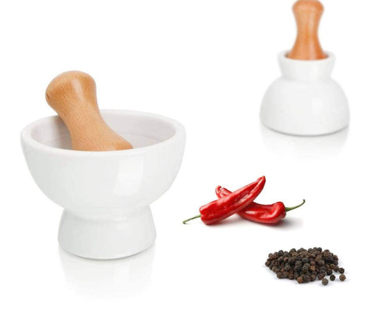 Wooden garlic press + porcelain bowl
