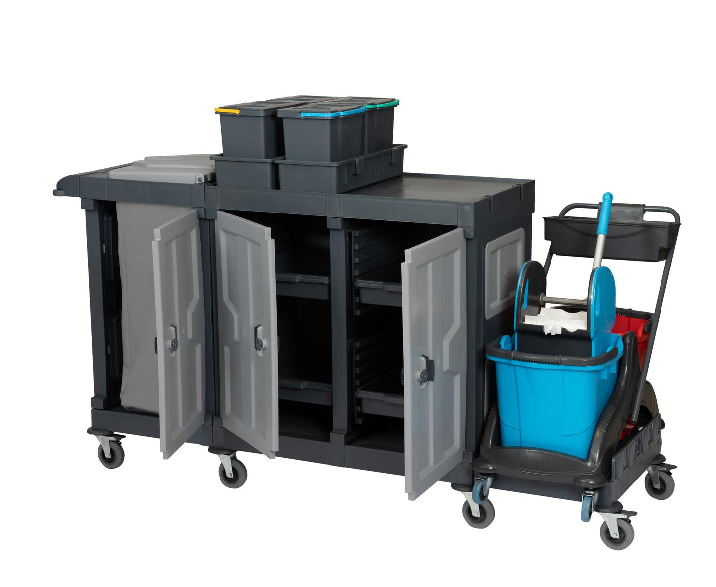 Hotel Reinigungswagen 3 Fächer Blau Sack + Schublade 2 Eimer x 25 l