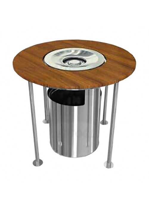 Tisch mit Abfalleimer und Metalldeckel